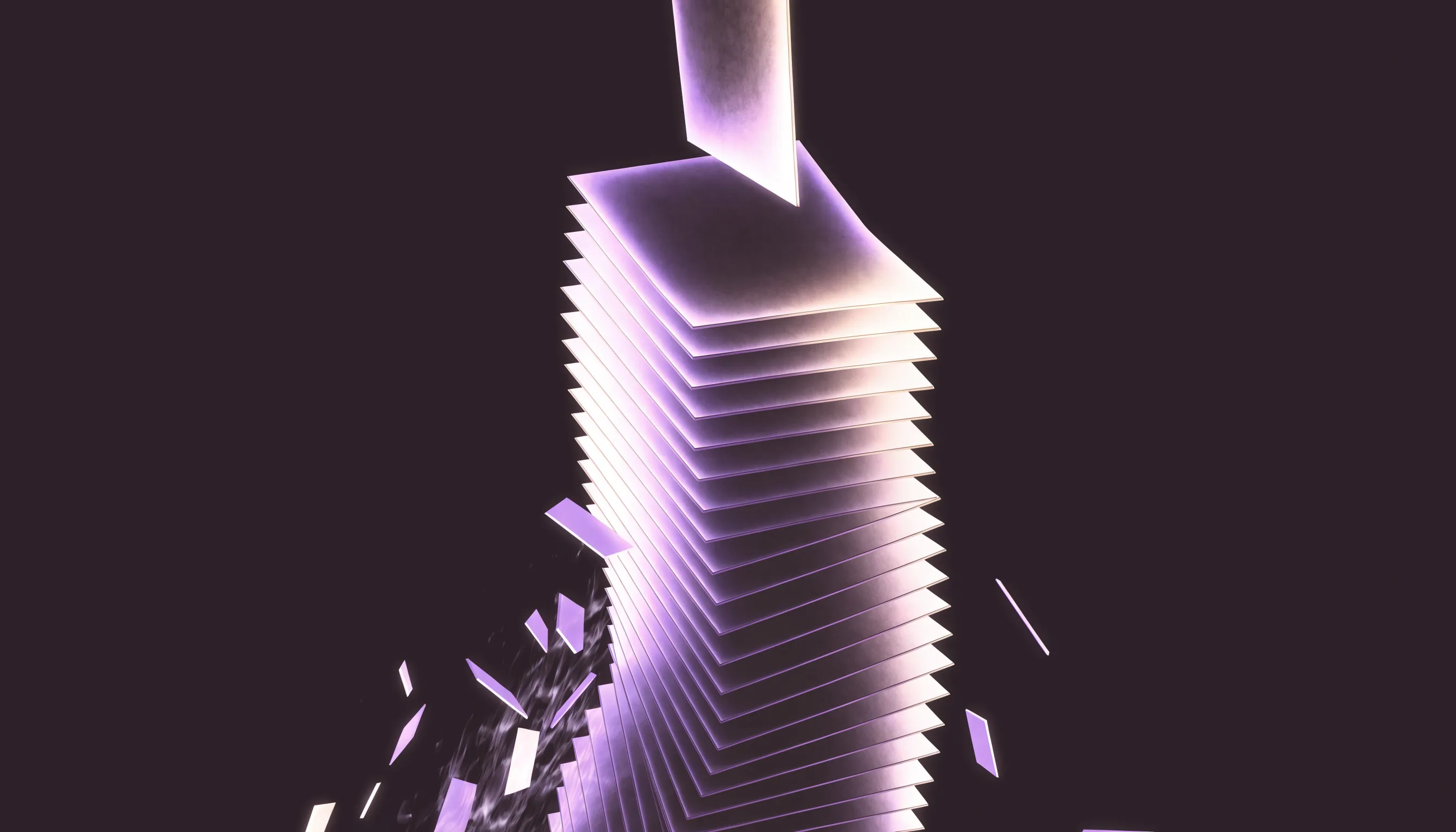 A tall stack of pale violet sheets with fragments breaking away on a dark background