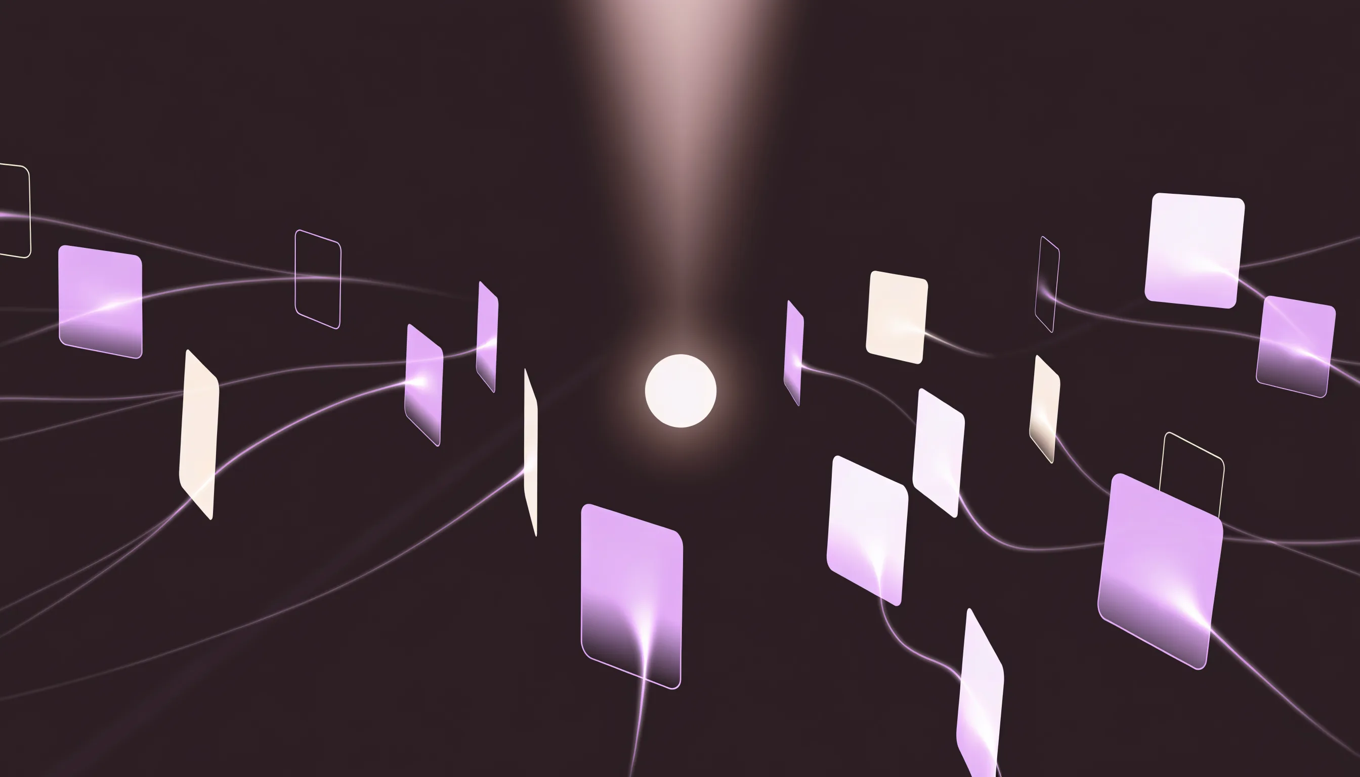 A glowing cream circle under a soft vertical spotlight on a dark brown background, surrounded by floating cream and purple rounded rectangles joined by thin curved violet lines.