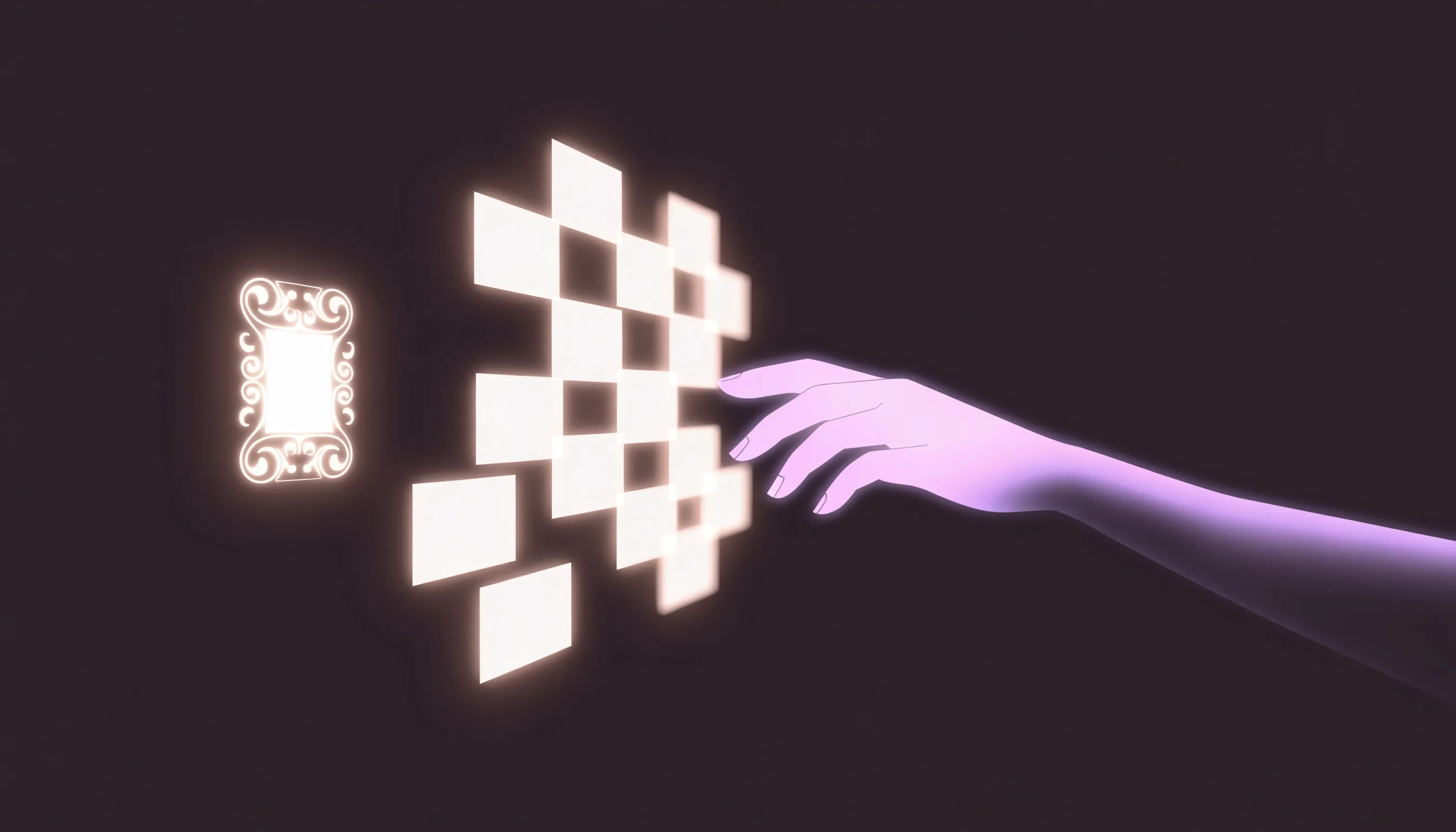 Sobre un fondo oscuro y cálido, una mano lavanda se extiende a la izquierda hacia cuadrados crema luminosos escalonados; a la izquierda hay un pequeño marco rectangular ornamentado y brillante.