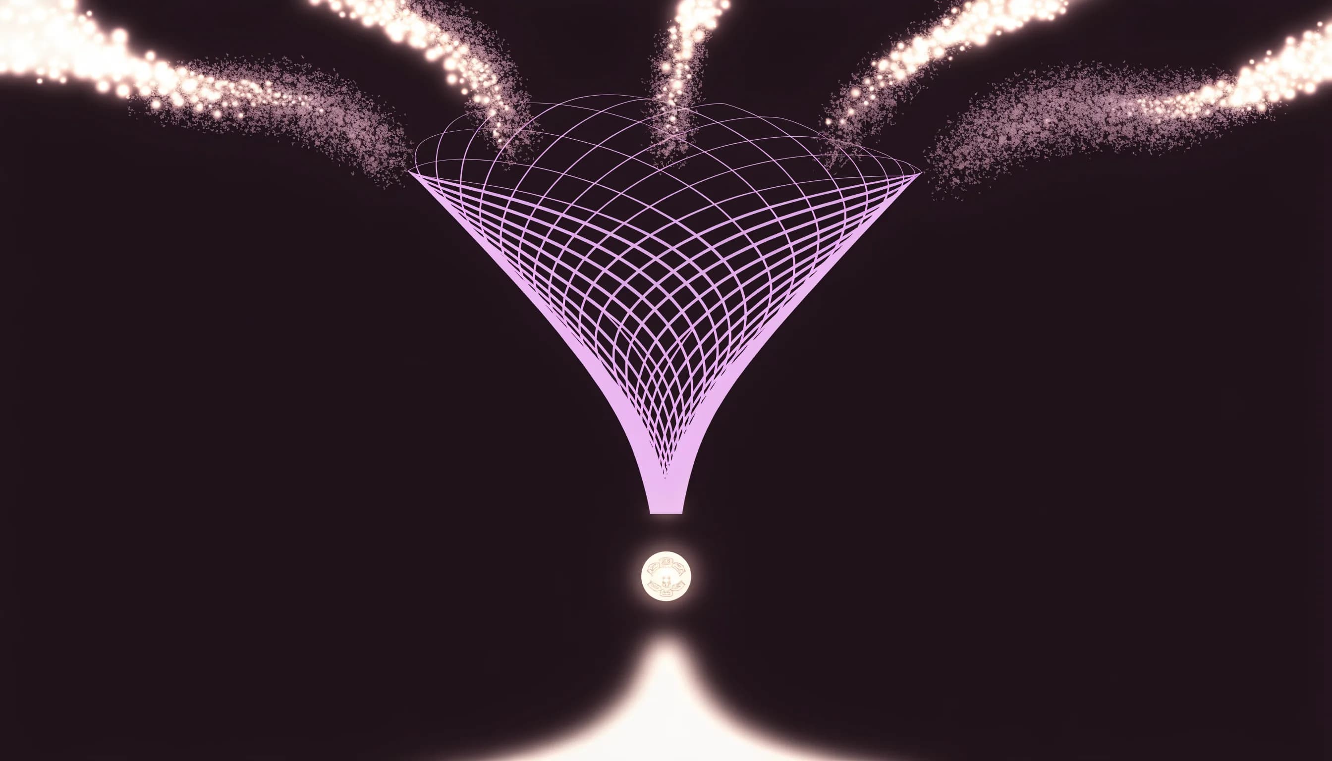 A pale violet wireframe funnel with cream light particles above and a small round glowing shape below.