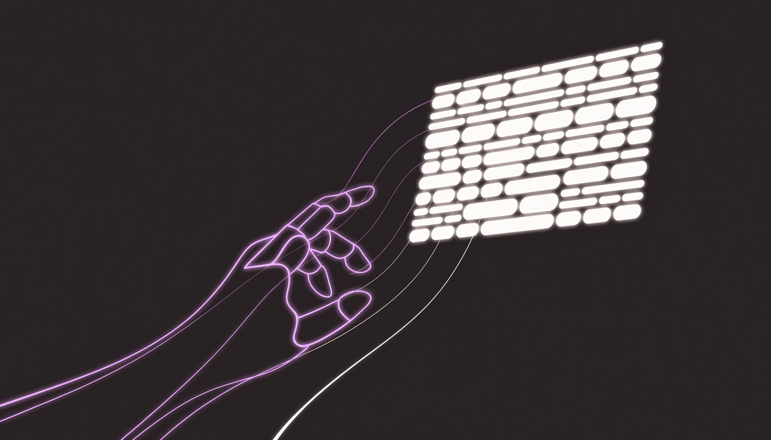 On a warm dark background, a lavender line-outline human or robotic hand extends from the lower left toward cream rounded rectangular tiles arranged like a panel at the upper right, connected by fine curved lines.
