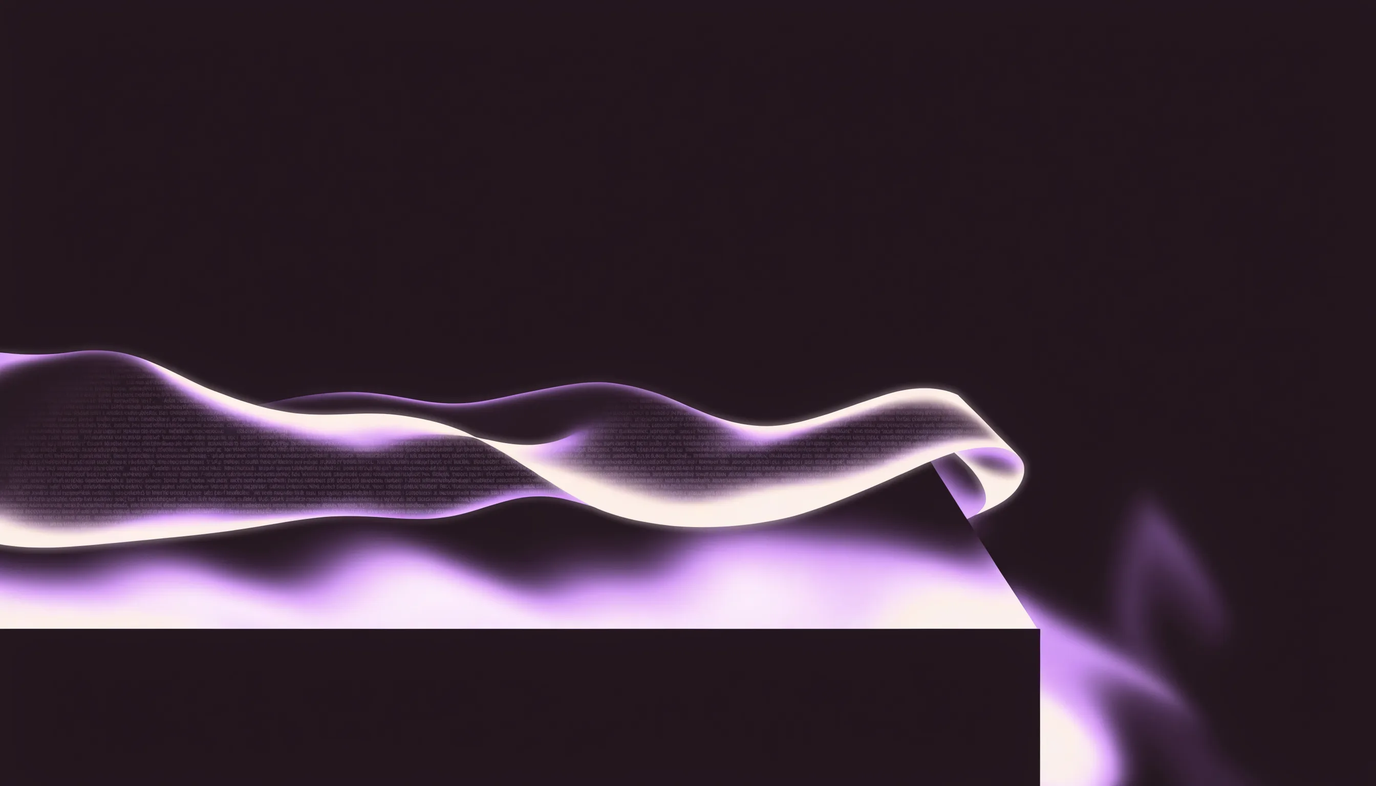 A cream and violet translucent wavy ribbon with tiny text-like texture draped over a dark rectangular base.