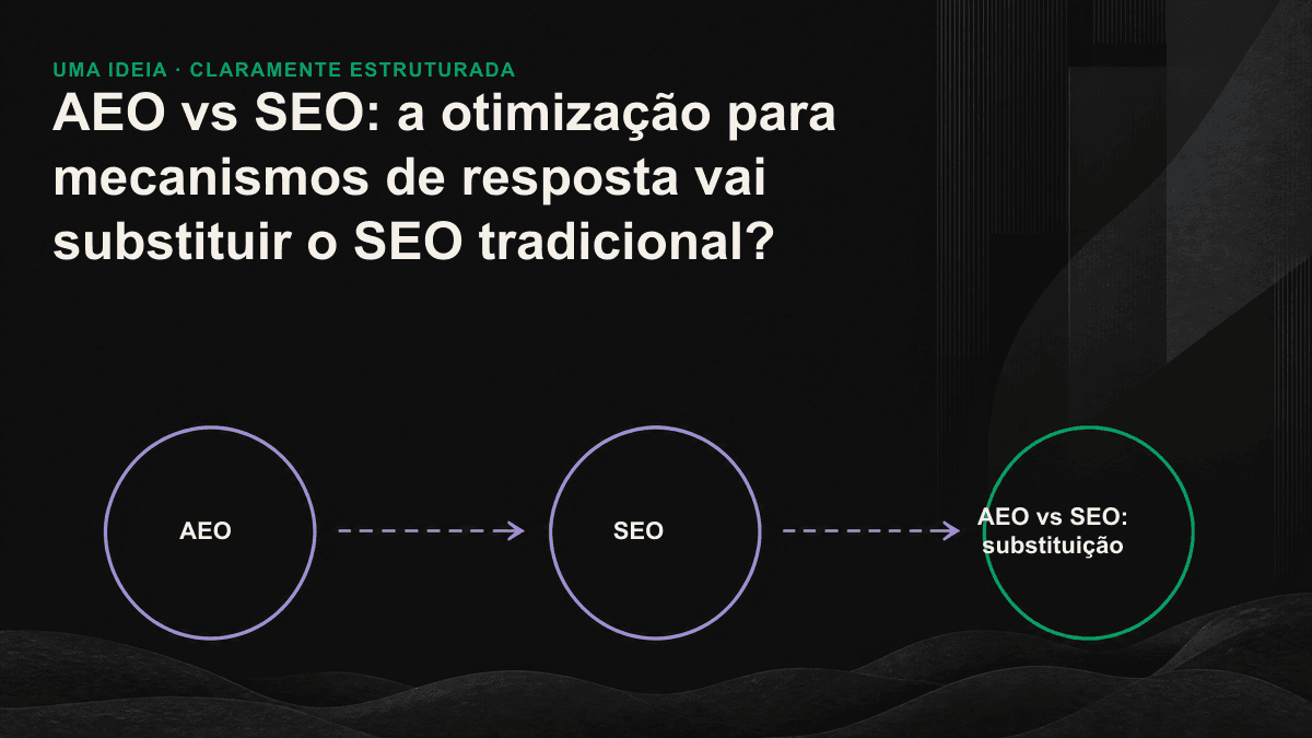 Ilustração em traços mostra o SEO como base e o AEO como uma camada sobreposta, indicando uma relação de complementaridade, não de substituição.