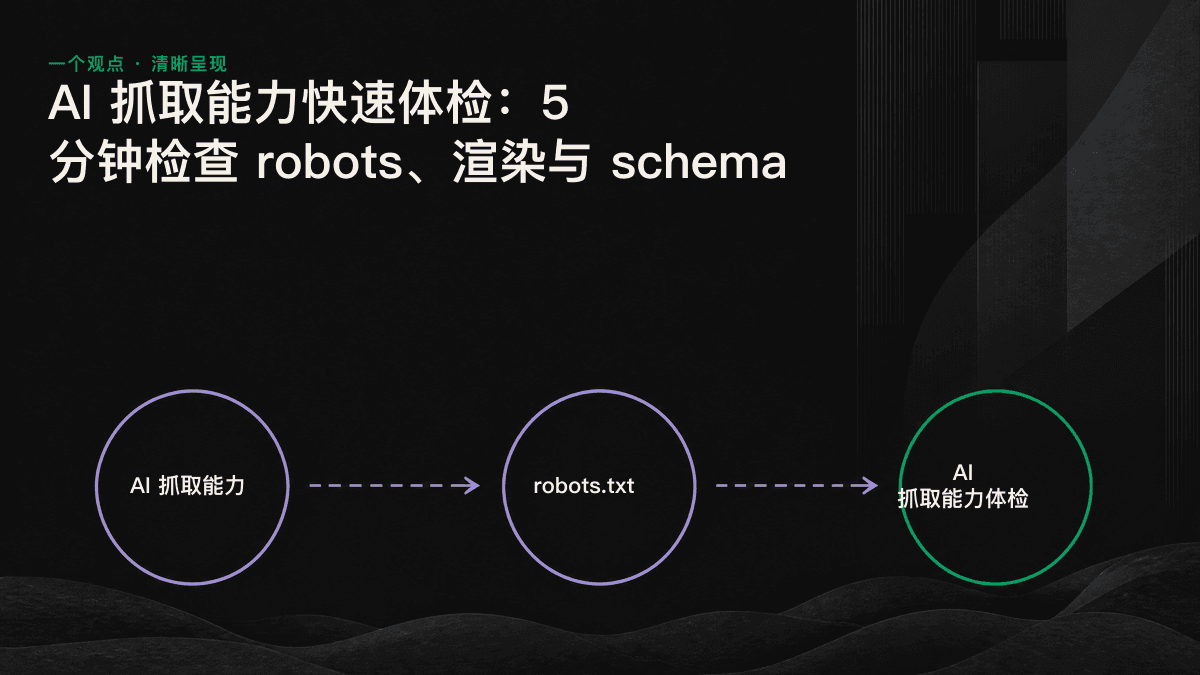 5 分钟 AI 抓取能力体检的三个检查层面：robots.txt、页面渲染与 schema。