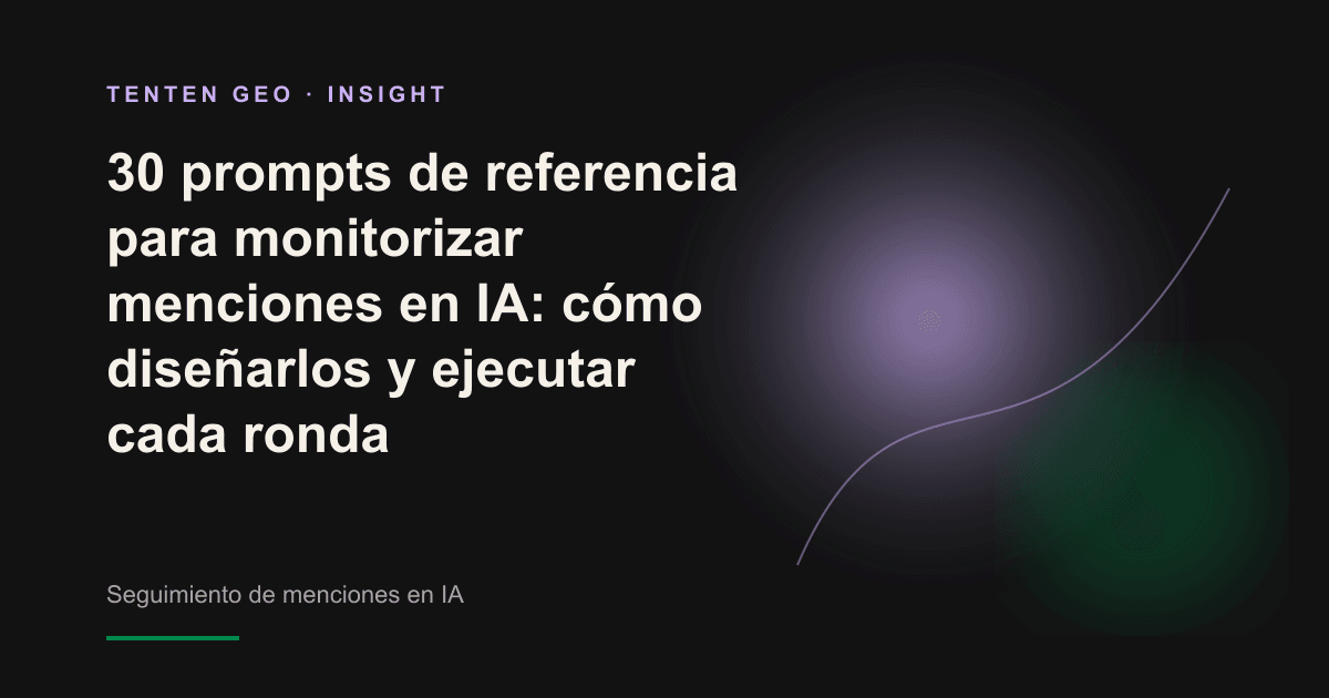 Un haz con forma de signo de interrogación atraviesa la oscuridad e ilumina uno de varios nodos, mientras un par de prompts permite observar la visibilidad de una marca en la IA.
