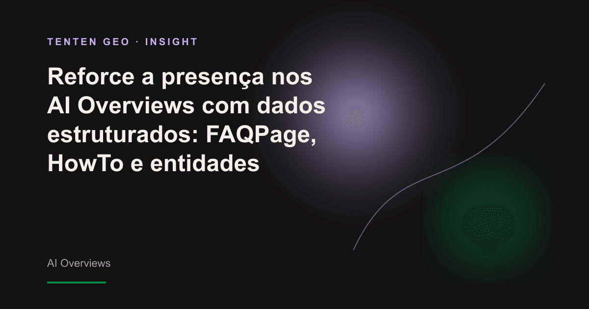 Feixes luminosos em tons de roxo atravessam painéis translúcidos em várias camadas e transformam o conteúdo em blocos de dados organizados para os AI Overviews.