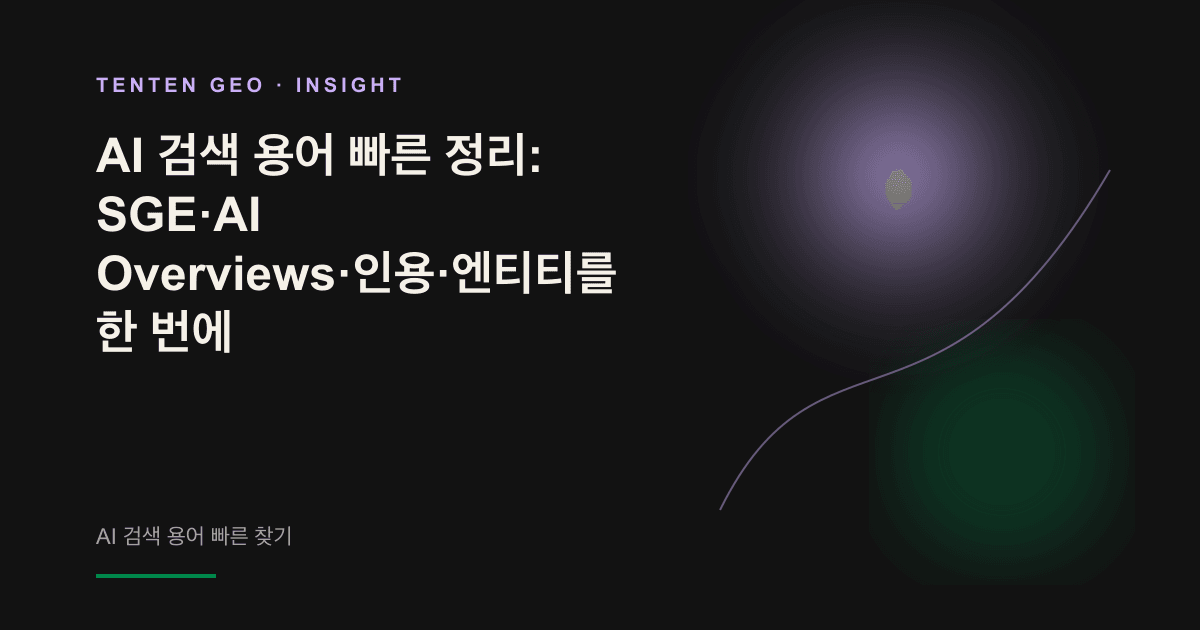 흩어진 AI 검색 용어가 하나의 명확한 흐름으로 정리되는 모습을 은은한 라벤더색 후광과 선으로 표현한 추상적 개념도