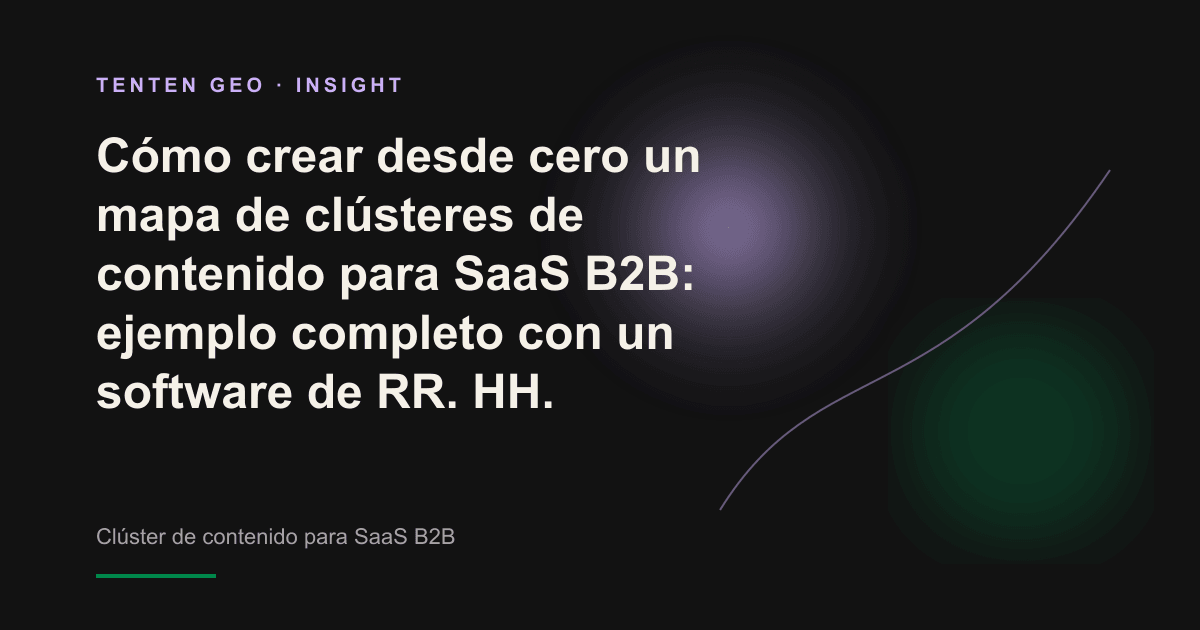 En un espacio oscuro de tonos cálidos, haces de luz parten de un pilar central hacia varios nodos y representan un mapa de clústeres de contenido creado desde cero.