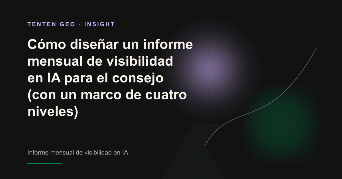 Informe mensual de visibilidad en IA, de diseño minimalista, sobre la mesa del consejo, con la conclusión principal destacada mediante una suave luz violeta lavanda.