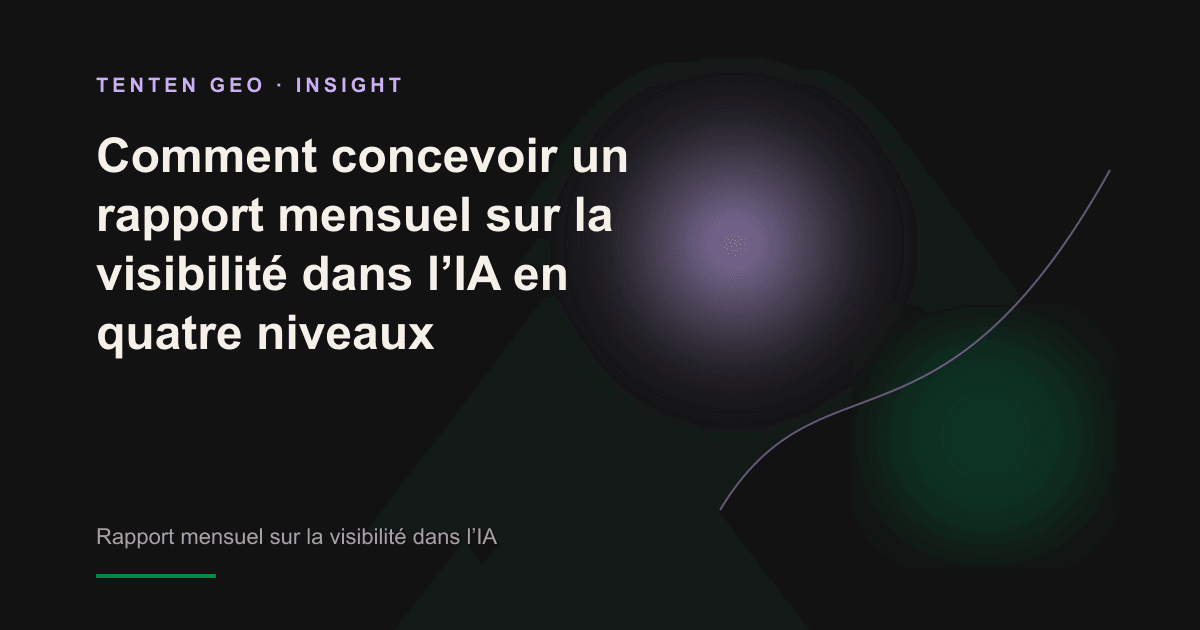 Un rapport mensuel très épuré sur la visibilité dans l’IA, posé sur la table du conseil d’administration, dont la conclusion principale est soulignée par une douce lumière violet lavande.