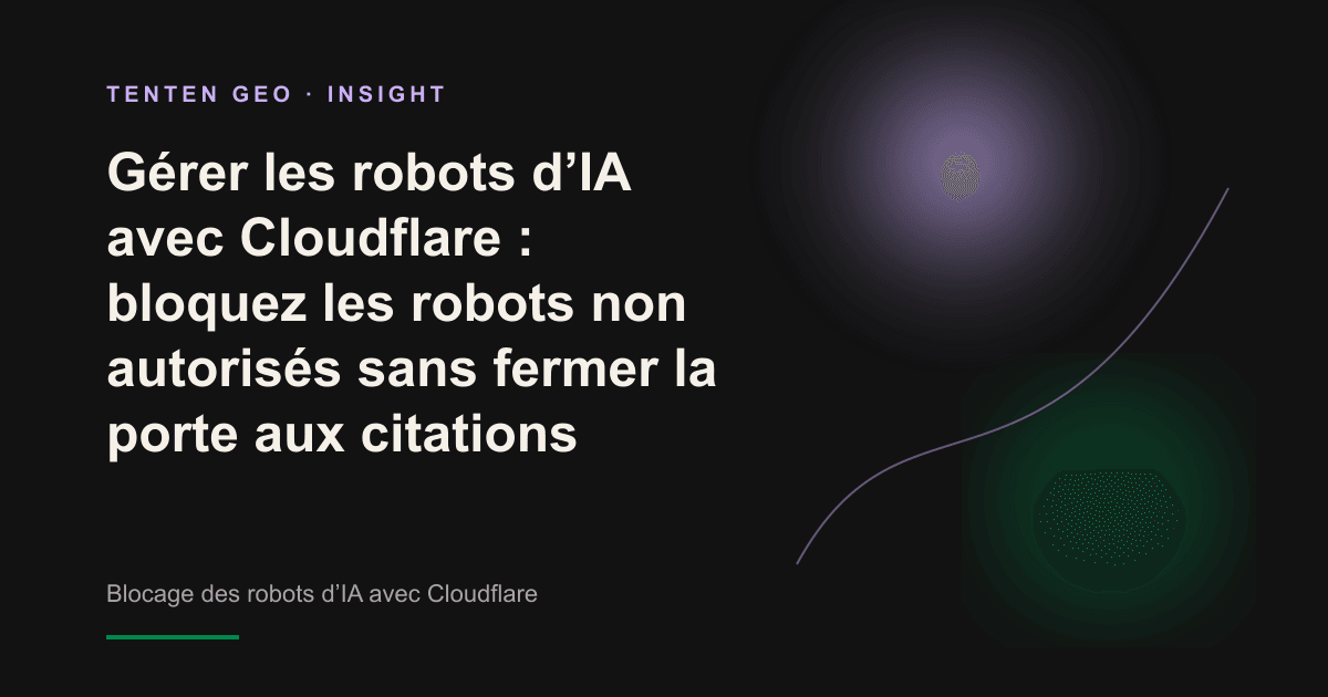Illustration conceptuelle d’un bouclier Cloudflare filtrant le trafic des robots d’IA et autorisant certains d’entre eux
