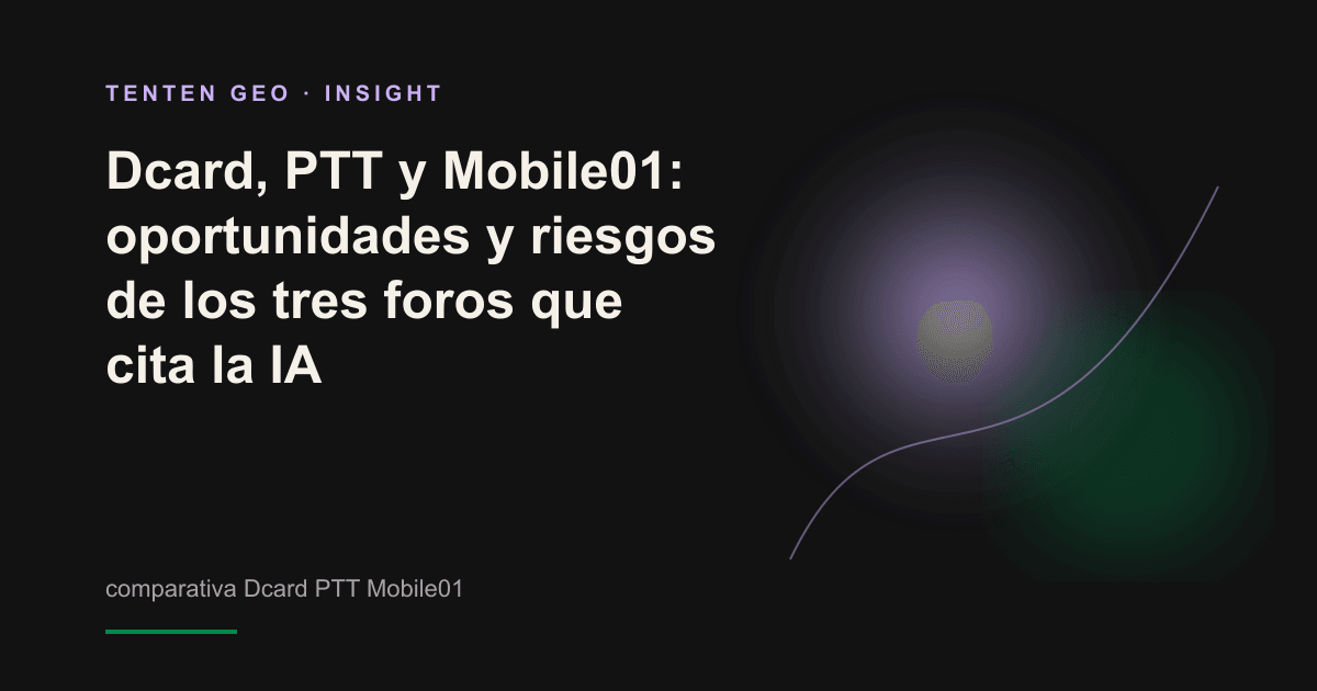 Tres formas abstractas que representan Dcard, PTT y Mobile01, iluminadas por la IA con distinta intensidad sobre un fondo oscuro de tonos cálidos.