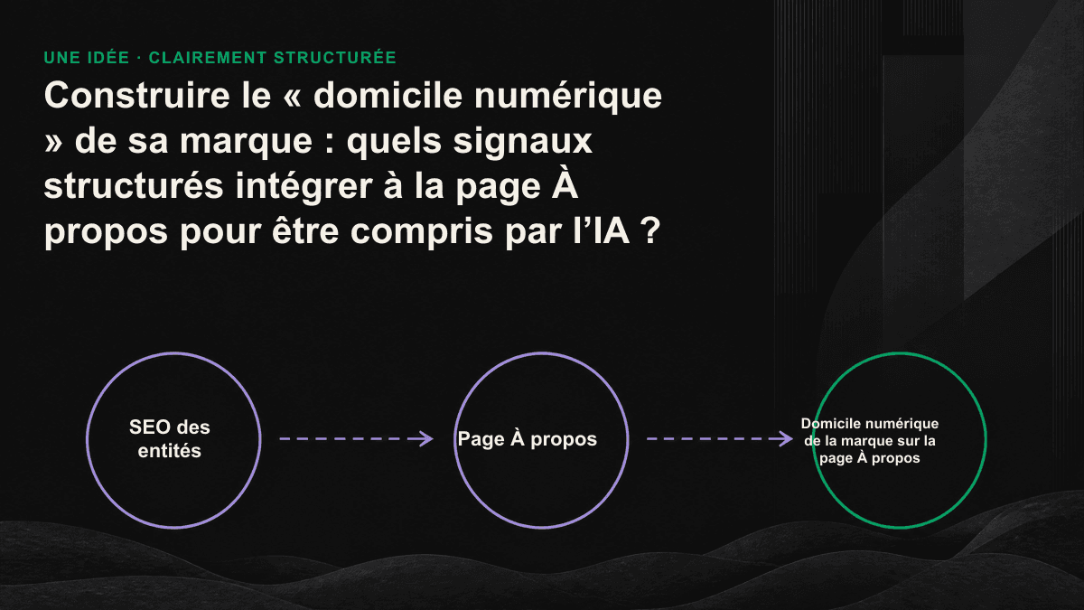 Autour du « domicile numérique », six lignes fines relient le schéma Organization, les liens sameAs, la cohérence du nom, les faits vérifiables, les fondateurs et les relations.