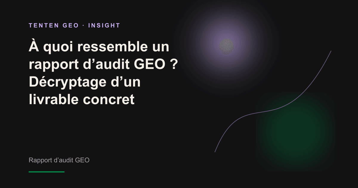 Un rapport d’audit GEO ouvert, éclairé par une douce lumière mauve, présente les scores de visibilité d’une marque dans différents moteurs d’IA.