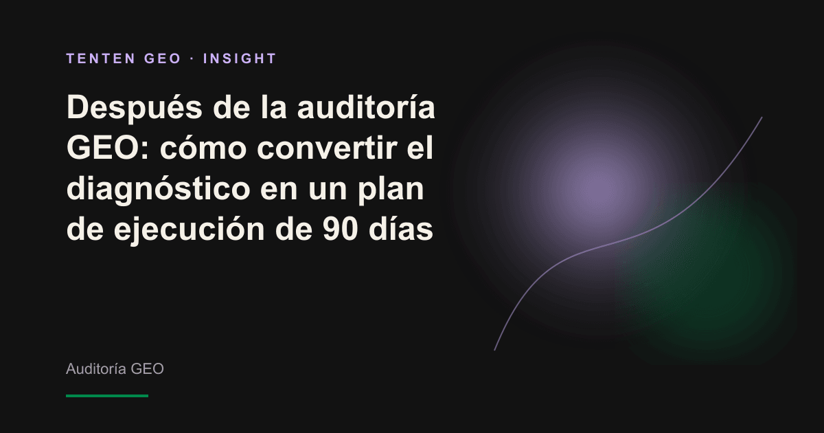 Un informe de diagnóstico abierto bajo haces de luz violeta se transforma en una ruta clara, símbolo del paso de la auditoría GEO a un plan de ejecución de 90 días.