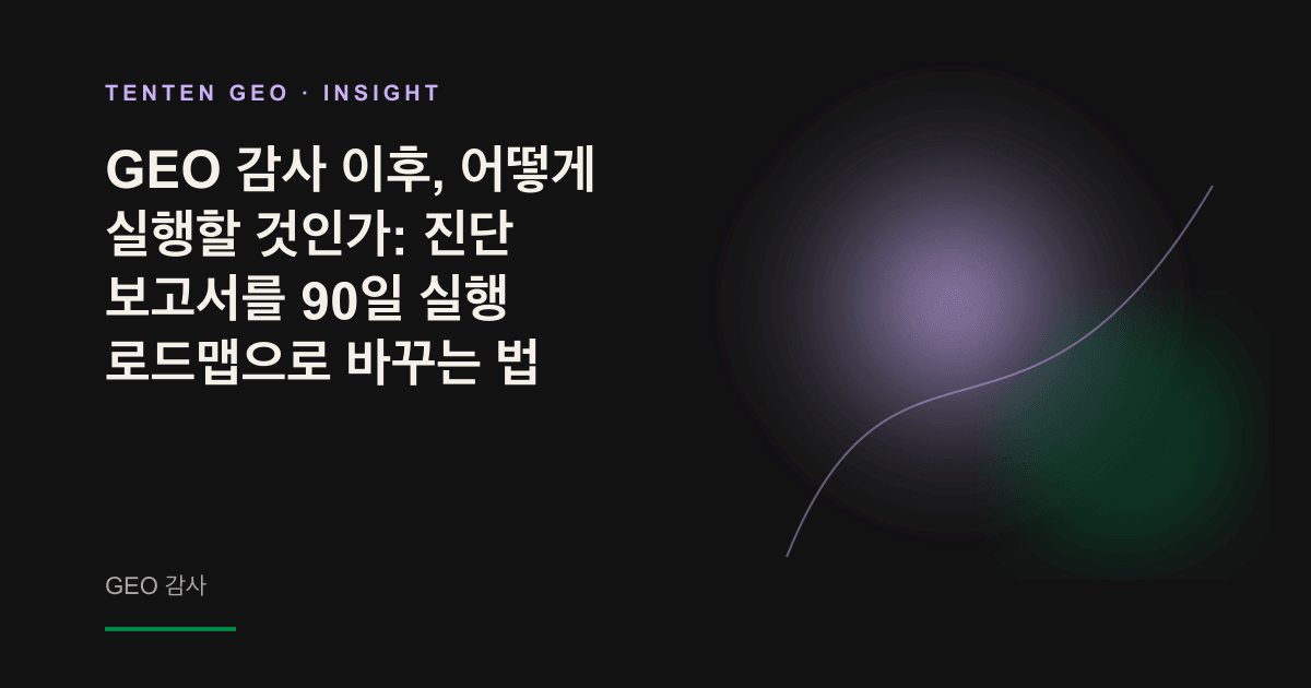 라벤더색 빛 아래 펼쳐진 진단 보고서가 명확한 전진 경로로 이어지며, GEO 감사가 실행 가능한 90일 로드맵으로 전환되는 과정을 보여주는 이미지