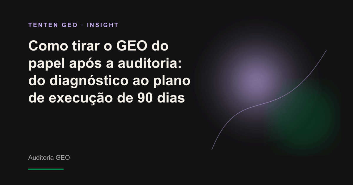 Um relatório de diagnóstico aberto sob feixes de luz lilás que convergem para um caminho claro, representando a transformação da auditoria GEO em um plano de execução de 90 dias.