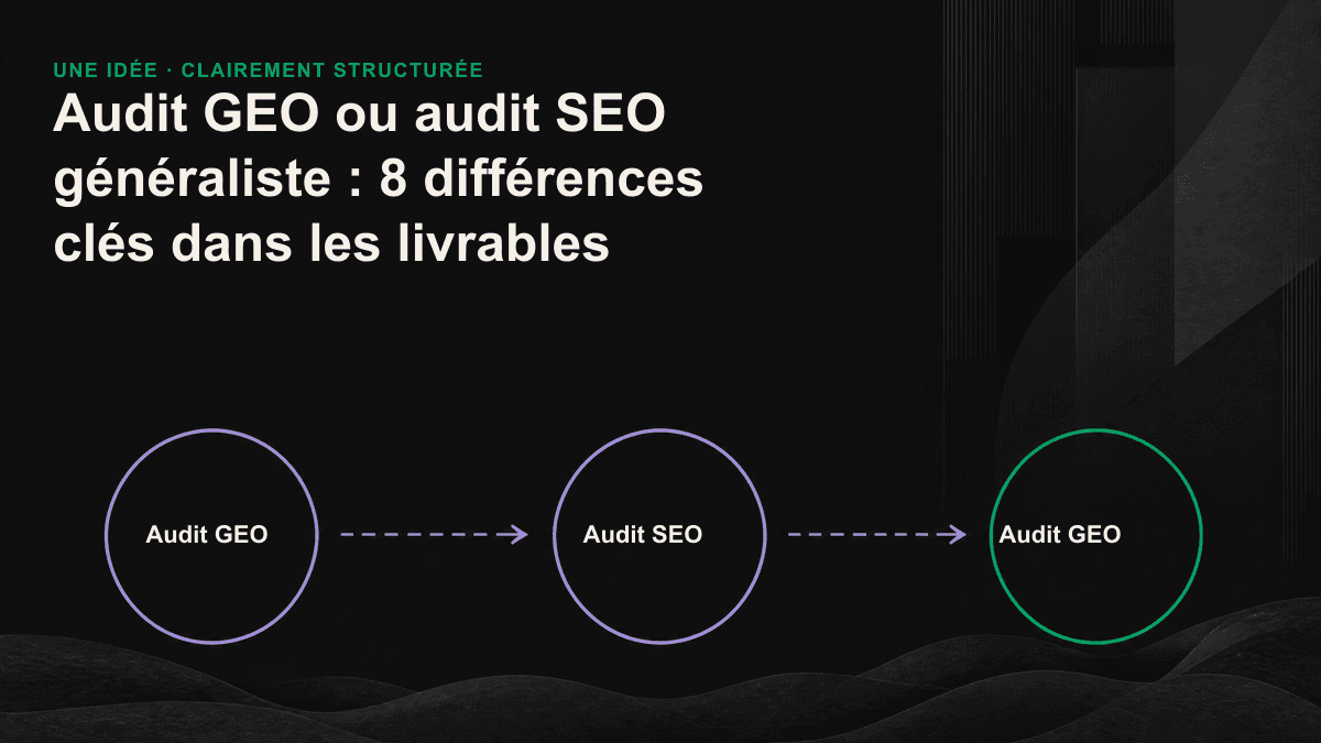 Schéma comparatif : le SEO généraliste mesure le positionnement dans les résultats de recherche, tandis que l’audit GEO évalue les mentions, les citations et l’exactitude factuelle dans les moteurs d’IA