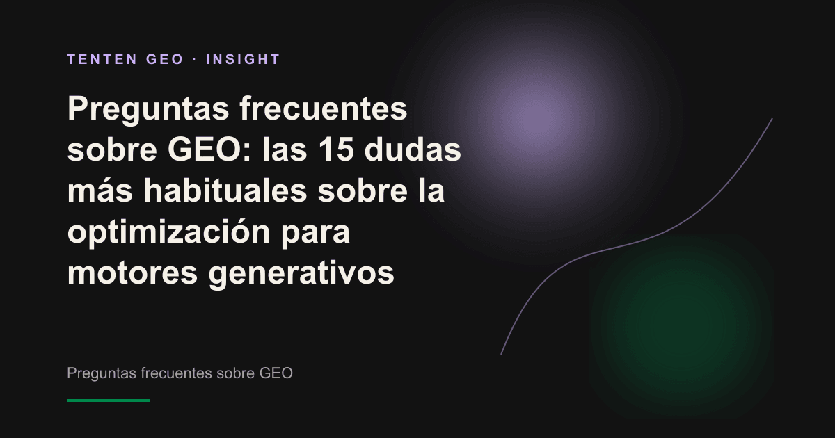 Conjunto abstracto de signos de interrogación sobre un fondo gris oscuro cálido, agrupados en un haz de luz con un halo violeta lavanda, como representación de las dudas habituales sobre la optimización para motores generativos.