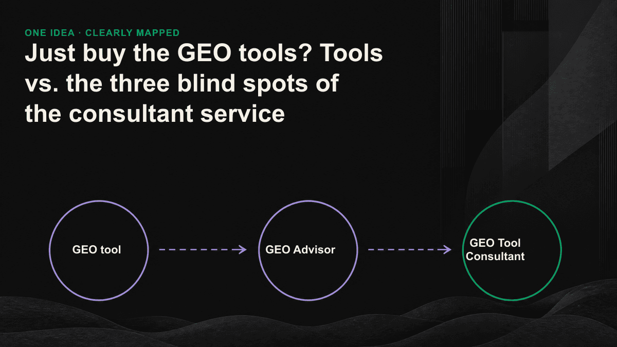 The GEO tool monitors the data, and the consultant service translates the data into a diagnostic, priority and execution division of labour.