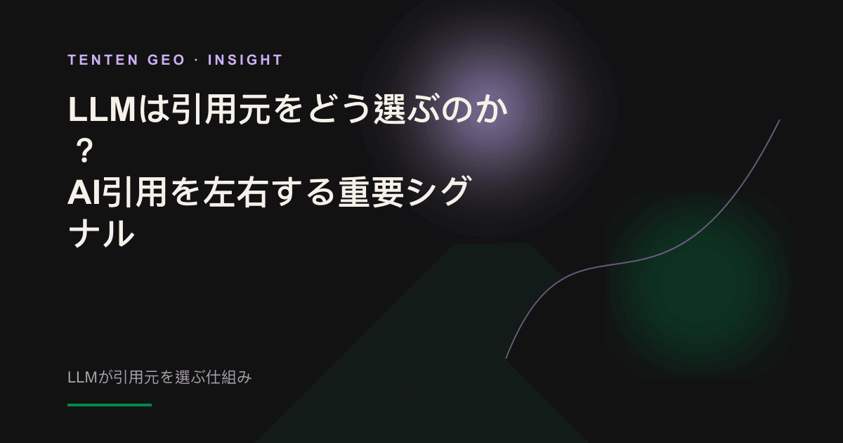 浮遊する多数の文章から淡いラベンダー色の光が一つの段落を選び、輝くブランドのノードへ導く抽象的なビジュアル。LLMが多くの情報源から引用箇所を選ぶ様子を表している。