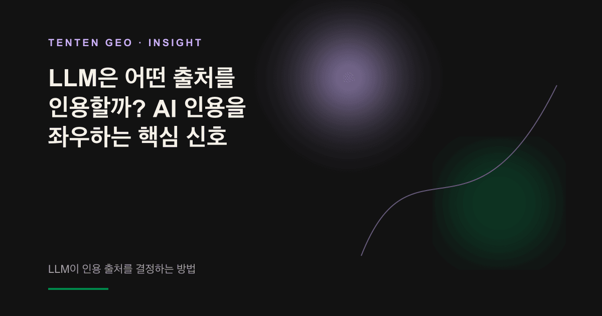 추상적 이미지: 부드러운 라벤더색 빛이 공중에 떠 있는 여러 텍스트 문단 중 하나를 선택해 빛나는 브랜드 노드로 이끕니다. LLM이 수많은 출처에서 인용할 문단을 고르는 과정을 상징합니다.