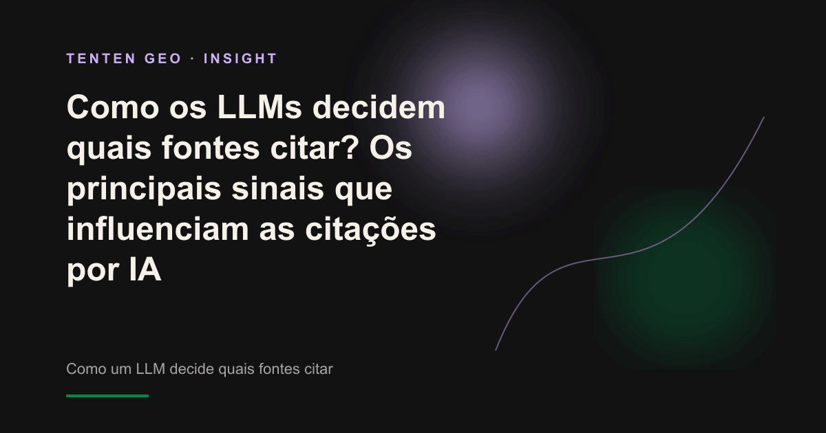Cena abstrata em que uma luz suave cor de lavanda seleciona um parágrafo entre vários blocos de texto flutuantes e o conduz até um nó de marca iluminado, simbolizando como um LLM escolhe citações entre diversas fontes.