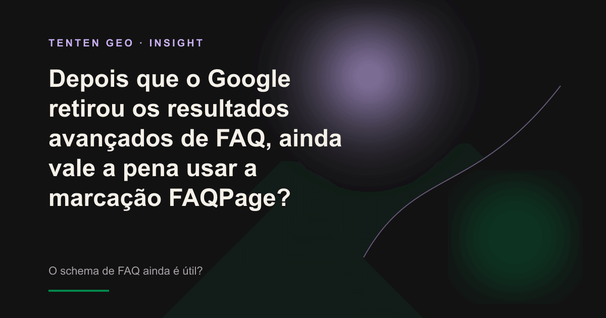 Um rótulo de FAQ desaparece dos resultados de busca enquanto a luz se desloca para uma imagem abstrata e luminosa, que representa uma fonte citada pela IA.