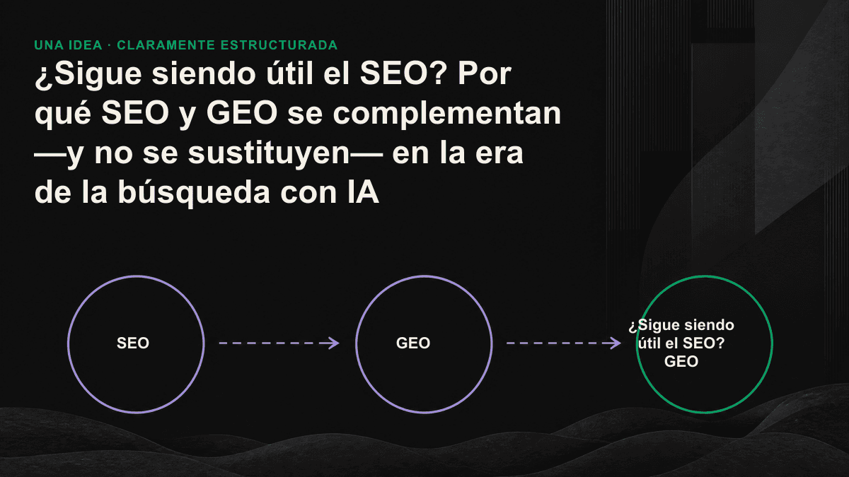 Ilustración que presenta el SEO como base técnica y el GEO como capa superior de ingeniería de contenidos. Al combinar ambas capas, las páginas web pueden ser citadas por la IA.