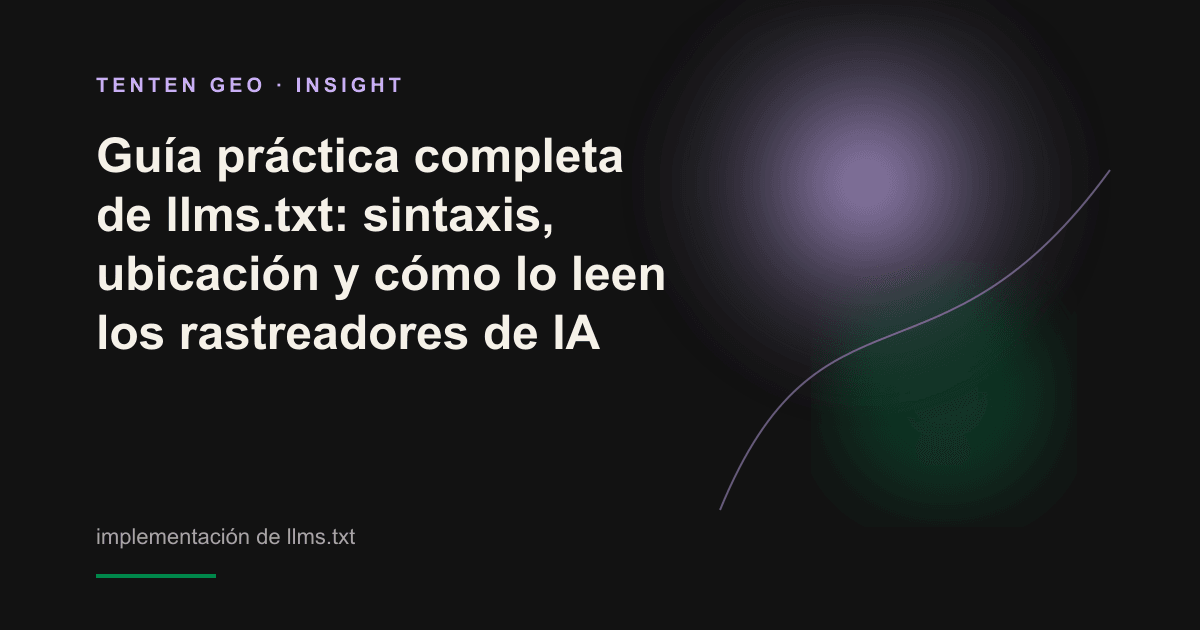 Un haz de luz lavanda atraviesa una escena oscura y señala el archivo llms.txt en la raíz del sitio web, como símbolo de la ruta de lectura preparada para la IA.