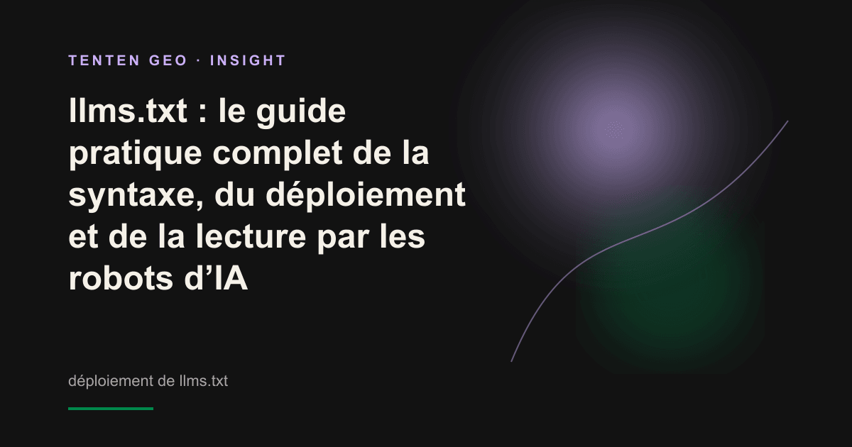 Dans une scène sombre, un faisceau de lumière violet lavande désigne le fichier llms.txt à la racine d’un site web, symbolisant le chemin de lecture préparé pour l’IA.