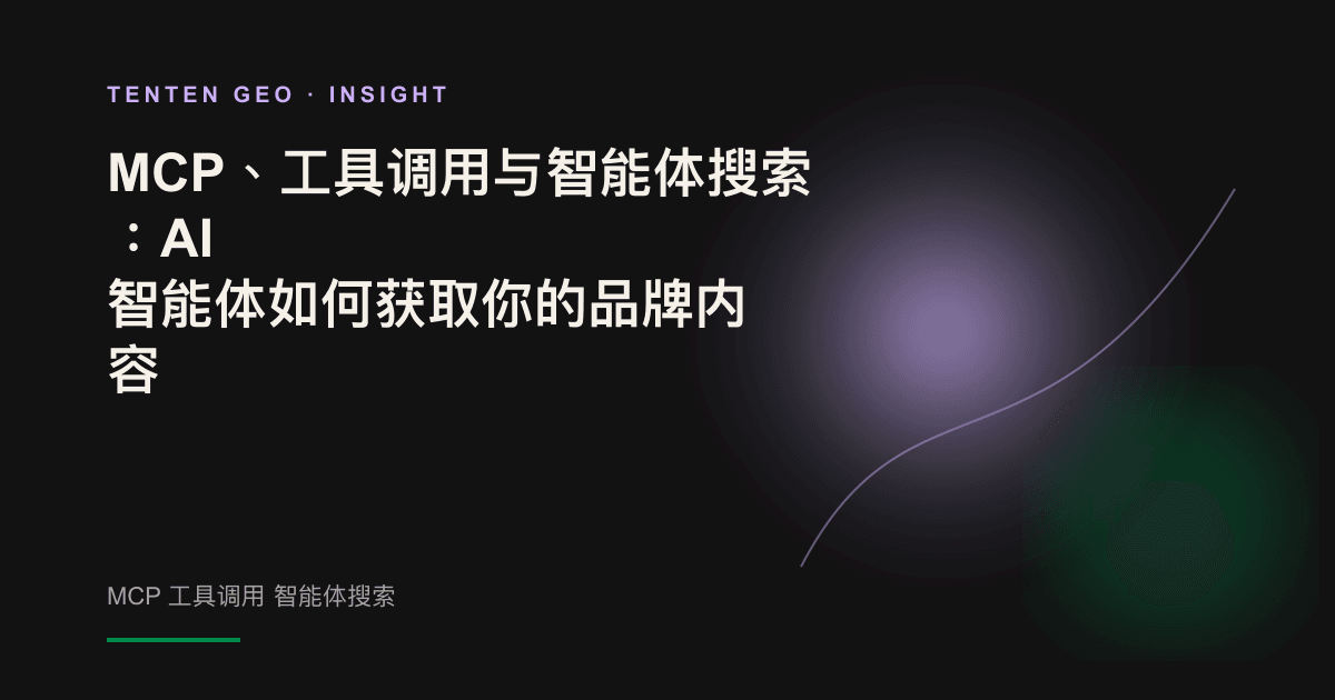 抽象视觉图:一条发光的连接线伸向由品牌内容节点组成的明亮集群,象征可被 AI 智能体调用的内容。