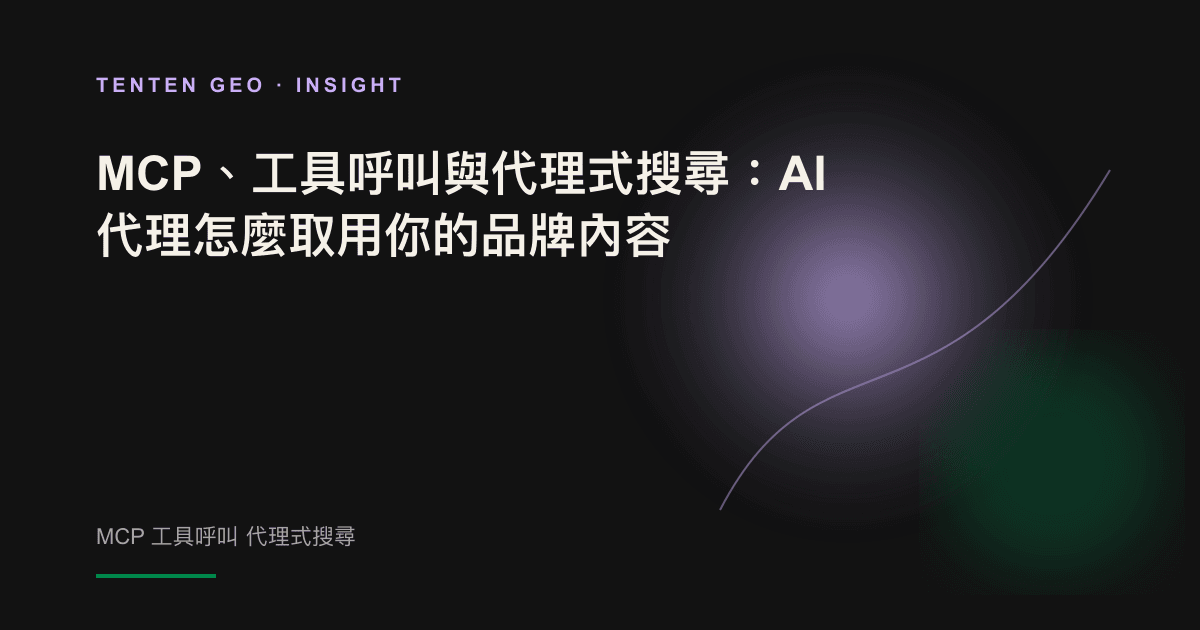 抽象視覺：一個發光的接頭伸向一叢明亮的品牌內容節點，象徵可被 AI 代理呼叫的內容。