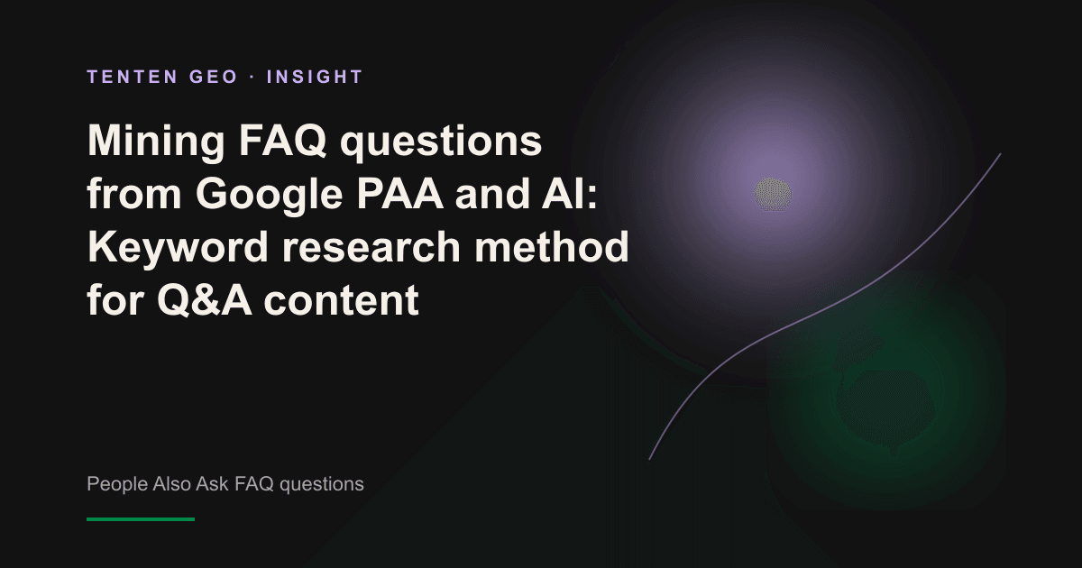 Abstract visual: A glowing question mark expands from the search box into a radial network of questions to represent the mining of FAQ questions from PAA.