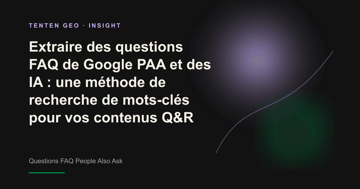 Visuel abstrait : un point d’interrogation lumineux émerge de la barre de recherche et se déploie en réseau radial de questions, illustrant l’extraction de questions FAQ depuis les PAA.
