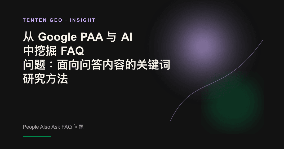 抽象视觉图:一个发光的问号从搜索框向外扩展成放射状问题网络,象征从 PAA 中挖掘 FAQ 问题。