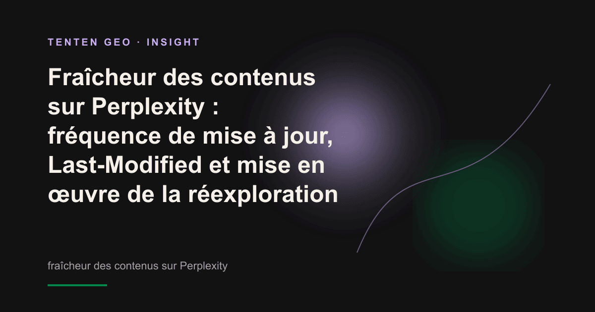 Couverture abstraite aux tons chauds et sombres, rehaussée d’une lueur lavande, illustrant le parcours des signaux de fraîcheur du contenu à travers le réseau jusqu’au nœud de réponse de Perplexity.