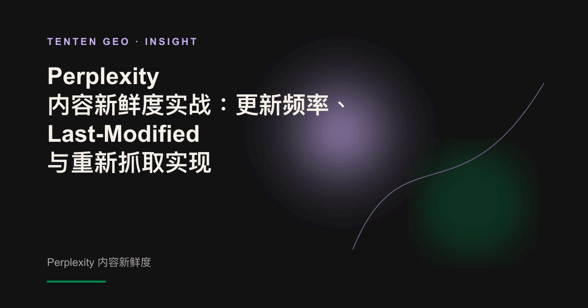 暖色暗调抽象封面,以淡紫色光晕呈现内容新鲜度信号沿网络流向 Perplexity 答案节点的过程。