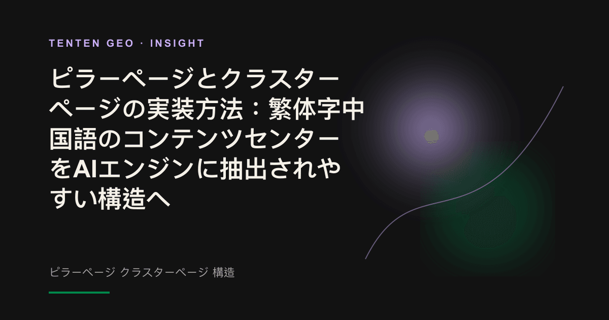 ピラーページと複数のクラスターページが連なり、コンテンツセンターを形成する様子を光と影で抽象的に表現したカバー画像