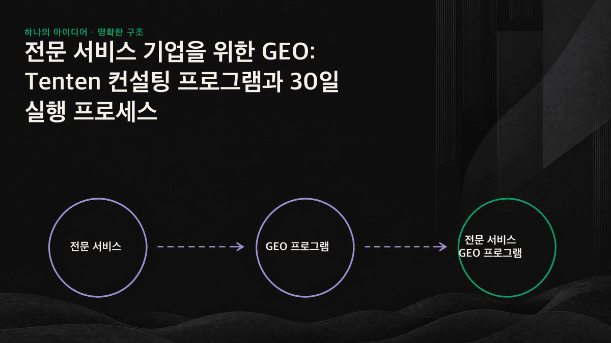 GEO 진단, 엔터티 및 구조 개선, 인용 가능한 콘텐츠 제작, 재측정과 인수인계 순서로 구성된 전문 서비스 GEO 프로그램의 30일 실행 흐름도