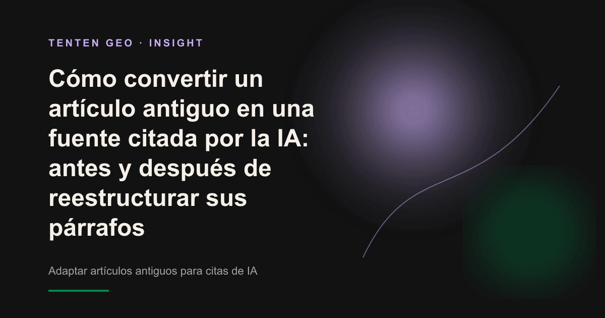 Vista conceptual de un párrafo de un artículo antiguo reorganizado, con la respuesta principal destacada por una luz lavanda cálida y convertida en un bloque fácil de citar.