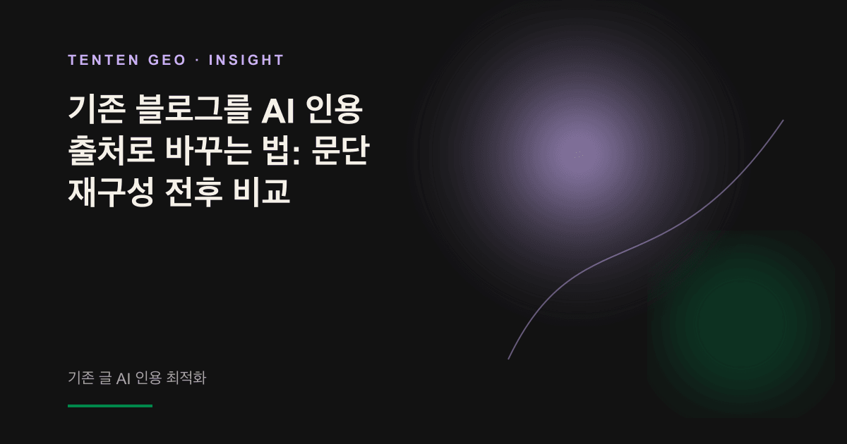 기존 블로그 글의 문단을 재배치하고, 따뜻한 라벤더색 빛으로 강조한 핵심 답변 문장을 인용 블록으로 추출하는 개념 이미지