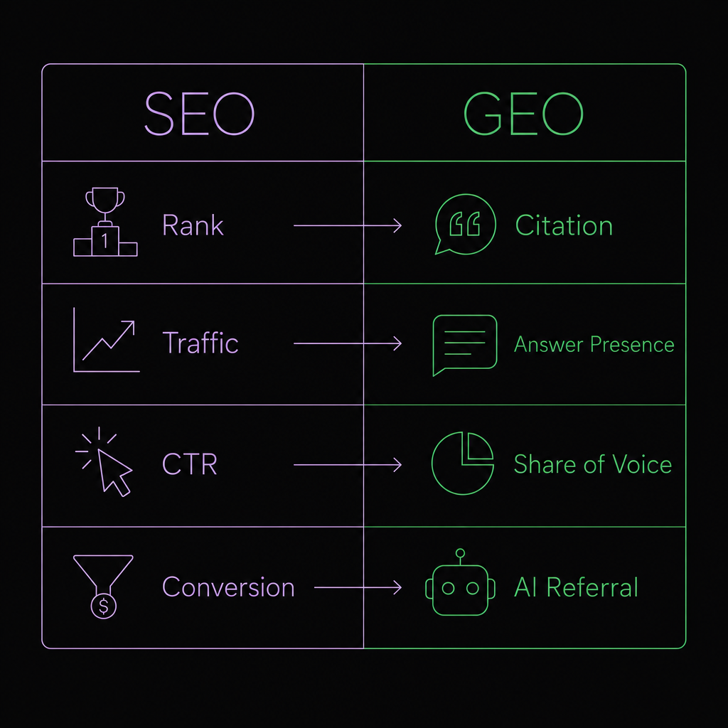 對照表：左側傳統 SEO 指標（排名、流量、CTR、轉換），右側對應的 GEO 指標（引用率、答案曝光、聲量占比、AI 推薦詢問）。