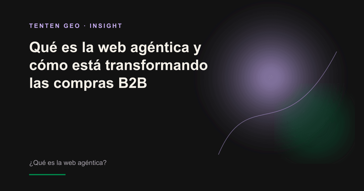 Imagen abstracta de un agente de IA convertido en un nodo luminoso que se desplaza entre numerosas fuentes web para compradores B2B.