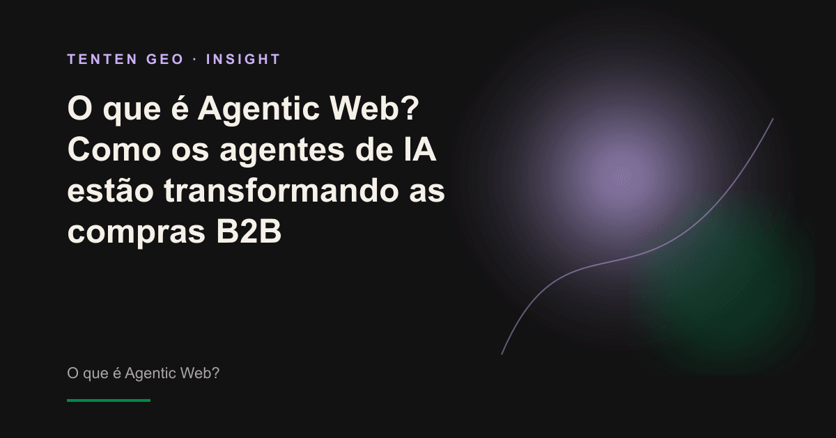 Imagem abstrata de um agente de IA transformado em um nó luminoso, transitando entre diversas fontes na web em nome de compradores B2B.