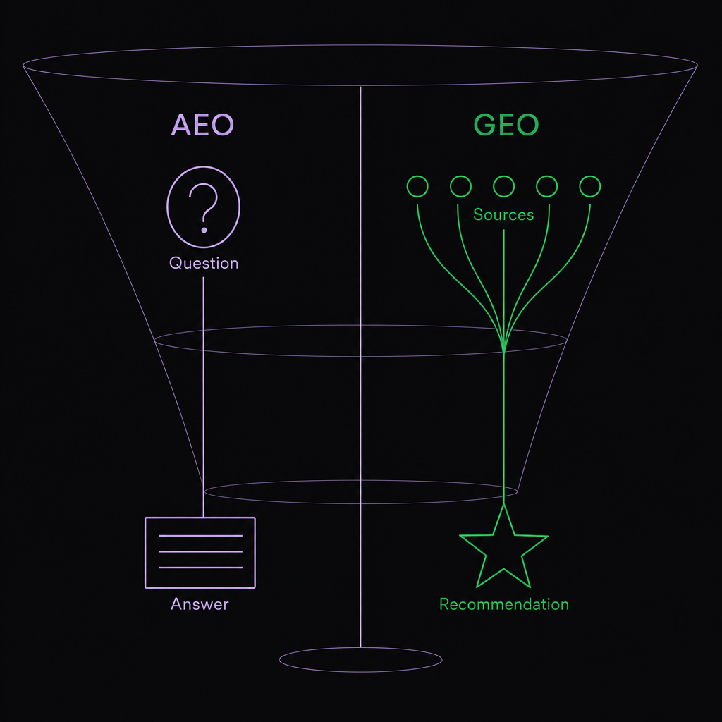 AEO 對應單一問題的直接答案，GEO 對應多來源合成的品牌推薦，兩者在 B2B 漏斗分屬不同階段。